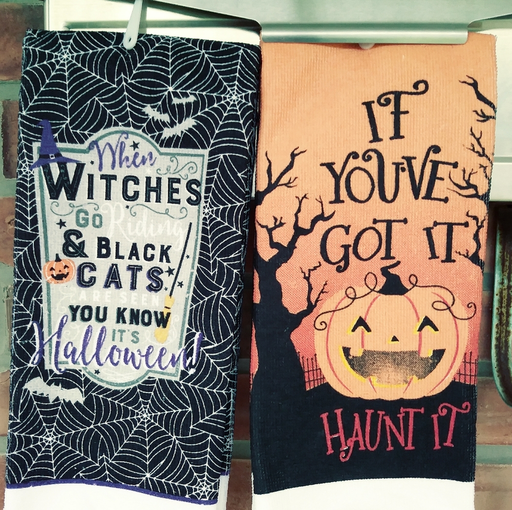 Two Halloween kitchen towels